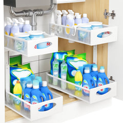 CARLA HOME 2 Pack Under Sink Organizer Pull Out Sliding Cabinet Storage Shelf with Height Adjustable for Kitchen, Bathroom or Laundry Room (White)