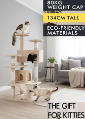 CARLA HOME 134cm Cat Tree Tower for Indoor Cats with Plush Perches, Dual Condos, Natural Sisal Scratching Posts & Ramp for Kittens & Adult Cats (Beige)
