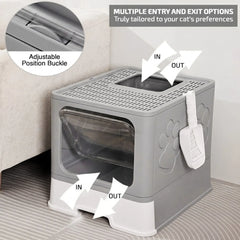 CARLA HOME Foldable Enclosed Cat Litter Box with Scoop - Grey - Plastic - Kitty Litter Tray
