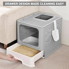 CARLA HOME Foldable Enclosed Cat Litter Box with Scoop - Grey - Plastic - Kitty Litter Tray