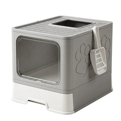 CARLA HOME Foldable Enclosed Cat Litter Box with Scoop - Grey - Plastic - Kitty Litter Tray
