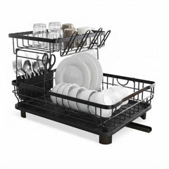 CARLA HOME 2 tier Dish Drying Rack with Drainboard & Utensil Holder for Kitchen (Black)
