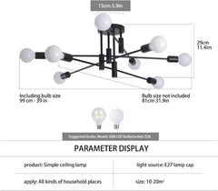 Modern Semi Flush Chandelier, 8 Light, Black