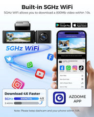 3-Channel 4K+1080P Dash Cam with 5G WiFi, GPS, and Parking Mode - Black