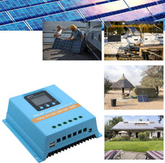 100A MPPT Solar Charge Controller with LCD Display and Dual USB Ports in Blue
