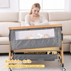3 in 1 Grey Baby Bassinet Bedside Crib with Mattress, Adjustable Height and Storage Basket