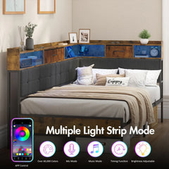 Walnut Single LED Corner Bed Frame in Black with 2 Storage Drawers and Charging Station