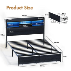 Double Black LED Bed Frame with 2 Storage Drawers and Charging Station