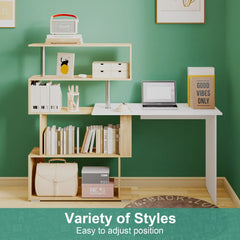 Adjustable Computer Desk with Storage Shelving in White Jointed Oak, 131x86x106cm