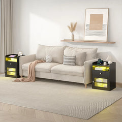 Black Bedside Table with Acrylic Door, Charging Station and RGB LED Light