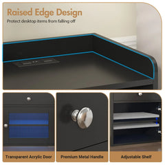 Black Bedside Table with Acrylic Door, Charging Station and RGB LED Light