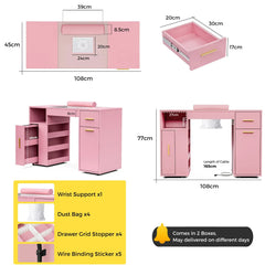 Pink Manicure Table with Electric Dust Collector and Storage, 108x45x77cm