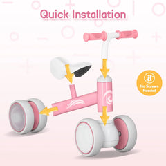 Pink Baby Balance Bike with LED Lights, 55x23x39cm, Suitable for Toddlers Aged 12-36 Months