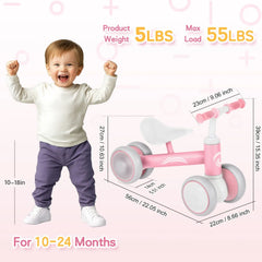 Pink Baby Balance Bike with LED Lights, 55x23x39cm, Suitable for Toddlers Aged 12-36 Months