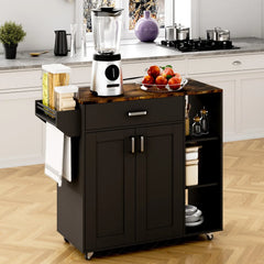 Kitchen Island Cart on Wheels with Charging Station, Black, 83x38x82cm