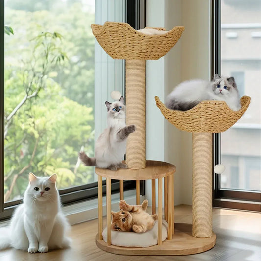Large Cat Scratching Post Tree Tower with Baskets and Cubby Cave in Natural Wood & White, 60x40x99cm