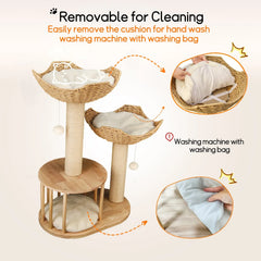 Large Cat Scratching Post Tree Tower with Baskets and Cubby Cave in Natural Wood & White, 60x40x99cm