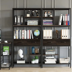 Metal Bookcase With Drawers, Dark Walnut & Black, 90x30x180cm, 6 Shelves