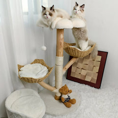Real Wood Cat Tree Tower in Natural Wood for Indoor Cats Up to 10KG, 60x111cm