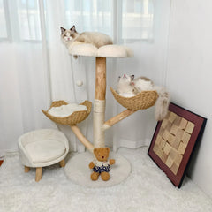 Extra Large Black Cat Tree Tower with Real Wood and Wicker Basket, 60x111cm