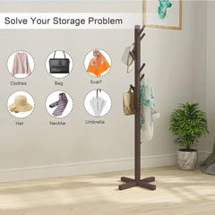 Solid Wood Coat Rack Stand in Natural Finish for Entryway, 80x180cm