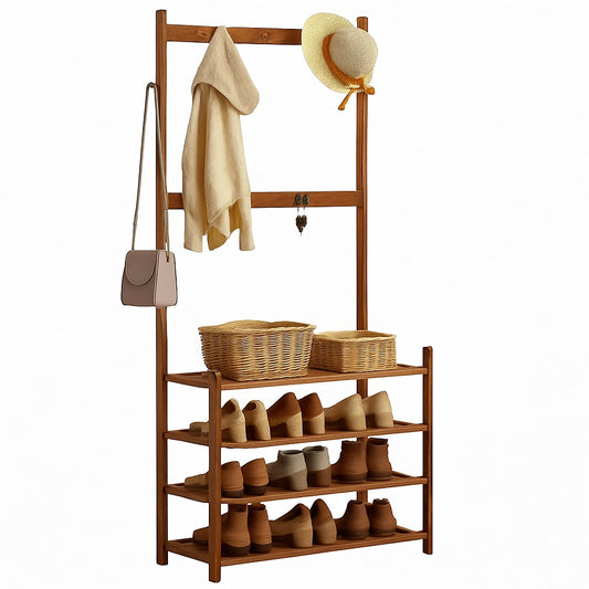 Bamboo 5-Tier Hat Coat Shoe Rack Entryway Bench Hanger Storage