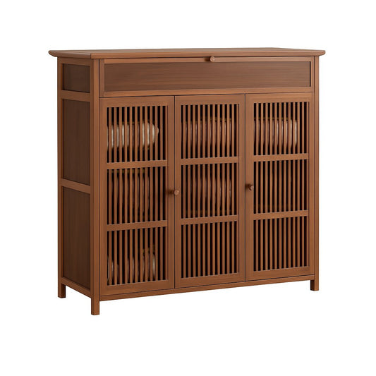 Wooden Shoe Rack XL 4 Tier 3 Doors Drawers Shelves Cabinet Organizer