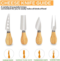 Bamboo Cheese Board and Knife Set with Cutlery including Slate Rock Tray, 4 Stainless Steel Knife & Thick Wooden tray