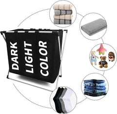 3 in 1 Large 135L Laundry Clothes Hamper Basket with Waterproof bags and Aluminum Frame (Black)