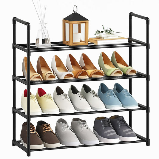 4-Tier Stainless Steel Shoe Rack Storage Organizer to Hold up to 15 Pairs of Shoes (55cm, Black)