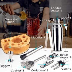 Cocktail Shaker Set Bartender Kit with Bamboo frame and 12 Pieces Stainless Steel Bar Tool Set