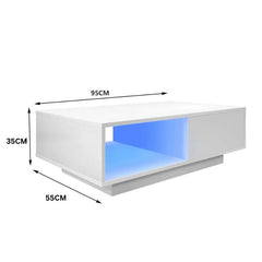 LED High Gloss Top White Coffee Table With Single Drawer