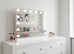LED Beauty Mirror with 14 Bulbs, Colour Settings, USB A and USB C, White, 50 × 42cm