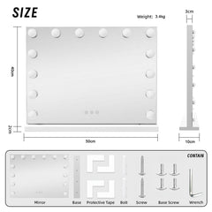 LED Beauty Mirror with 14 Bulbs, Colour Settings, USB A and USB C, White, 50 × 42cm
