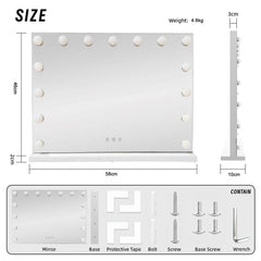 LED Beauty Mirror with 15 Bulbs, Colour Settings, USB A and USB C, White, 58 × 48cm