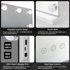 LED Beauty Mirror with 18 Bulbs, Colour Settings, USB A and USB C, White, 80 x 62cm