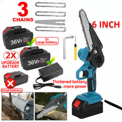 6" Mini Cordless Electric Chainsaw Powered Wood Cutter Rechargeable&2X Battery