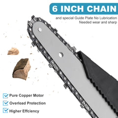 6" Mini Cordless Electric Chainsaw Powered Wood Cutter Rechargeable&2X Battery