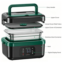 Portable 1L Cordless Electric Heated Lunch Box 16000mAh 60W 304 Stainless Steel Black&Green
