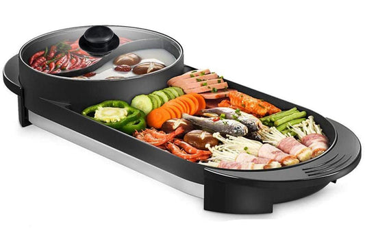 2-IN-1 Electric Hot Pot BBQ Oven Smokeless Non Stick Barbecue Hotpot Grill Pan