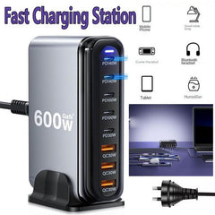 600W GaN³ 8 Ports Fast Charging Station USB&Type-C for iPhone, Laptops, MacBook