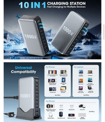 1000W GaN Fast Charging Station 10Ports USB&Type-C for iPhone, Laptops, MacBook