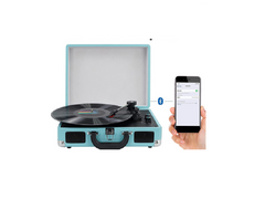 Blue Retro Briefcase Vinyl Record Player Suitcase 3 Speed Turntable Stereo Christmas