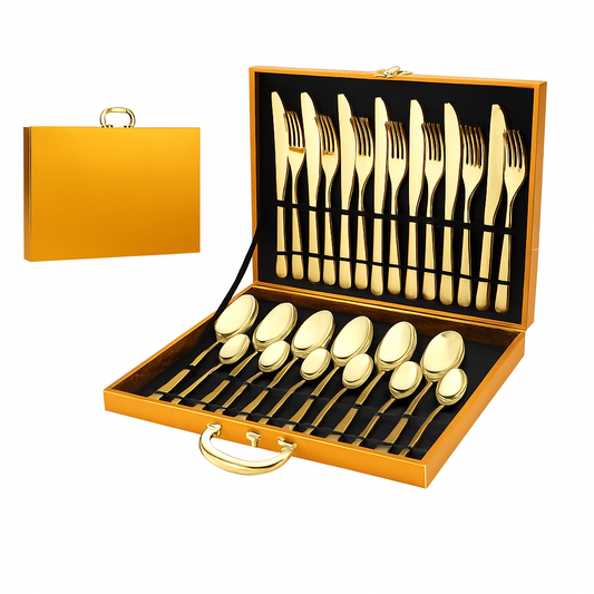 24pc Elegant Stainless Steel Gold Flatware Set Classic Knife Fork Spoon Gift Set