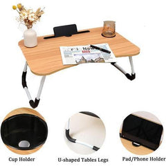 Wood Laptop Stand Table Foldable Desk Computer Study Bed Adjustable Cup Slot Tray