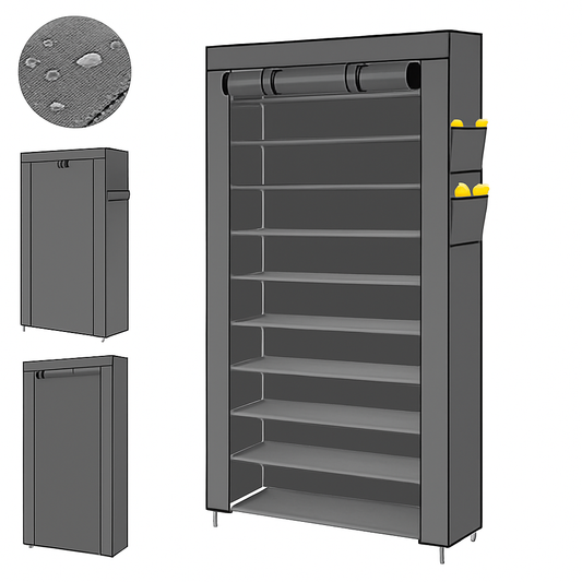 9 Tier Shoe Rack Portable Storage Cabinet Organiser Portable Wardrobe W/ Cover Gray