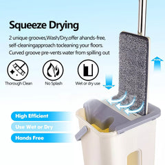 Mop Bucket Wet Dry Rinse Wash 360 Rotating Squeeze Flat Floor Cleaner with Pads