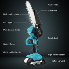 6" Mini Cordless Electric Chainsaw 2X Battery-Powered Wood Cutter Rechargeable