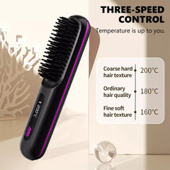 Black Hair Straightener Brush Travel Mini Rechargeable Hair Styler Fast Heating
