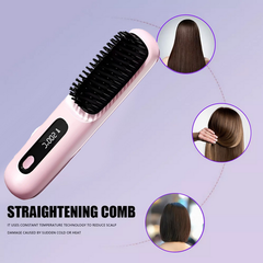 Pink Hair Straightener Brush Travel Mini Rechargeable Hair Styler Fast Heating